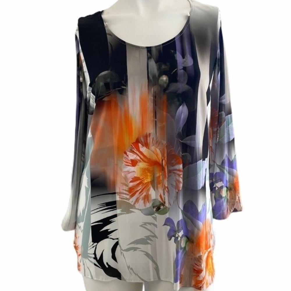 Chareli Women's Black Orange 3/4 Sleeve Blouse 44 Tunic Scoop Neck